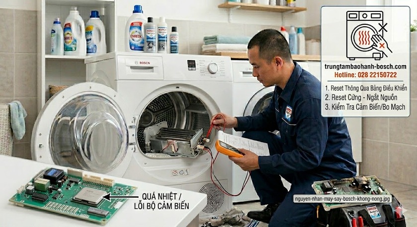 Kỹ thuật viên đang thực hiện thao tác xoay núm và nhấn phím để Reset bộ nhớ mã lỗi của máy sấy Bosch Series 6