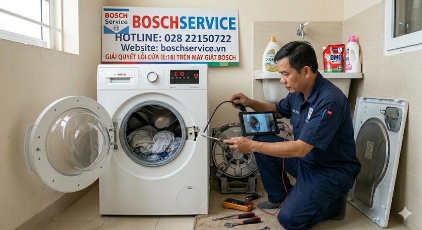 Kỹ thuật viên đang thực hiện thay công tắc cửa mới và căn chỉnh bản lề cánh cửa máy giặt Bosch để khắc phục lỗi E16, F16