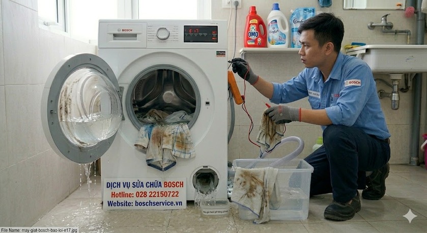 Kỹ thuật viên đang kiểm tra lưới lọc và đo điện trở van cấp nước máy giặt Bosch để khắc phục lỗi E17 biểu tượng vòi nước