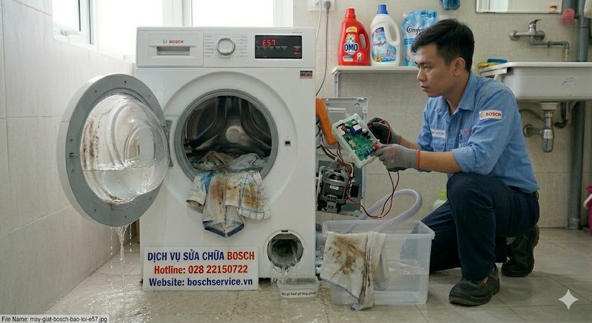 Kỹ thuật viên đang tháo kiểm tra bo mạch Inverter và động cơ EcoSilence Drive trên máy giặt Bosch Series 8 để sửa lỗi E57