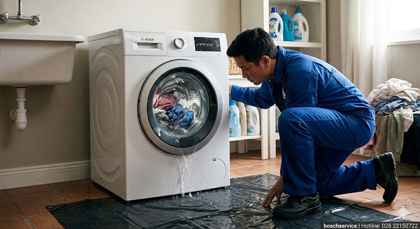 Kỹ thuật viên đang kiểm tra cảm biến mực nước và đo kiểm Triac trên bo mạch máy giặt Bosch để xử lý triệt để lỗi tràn nước
