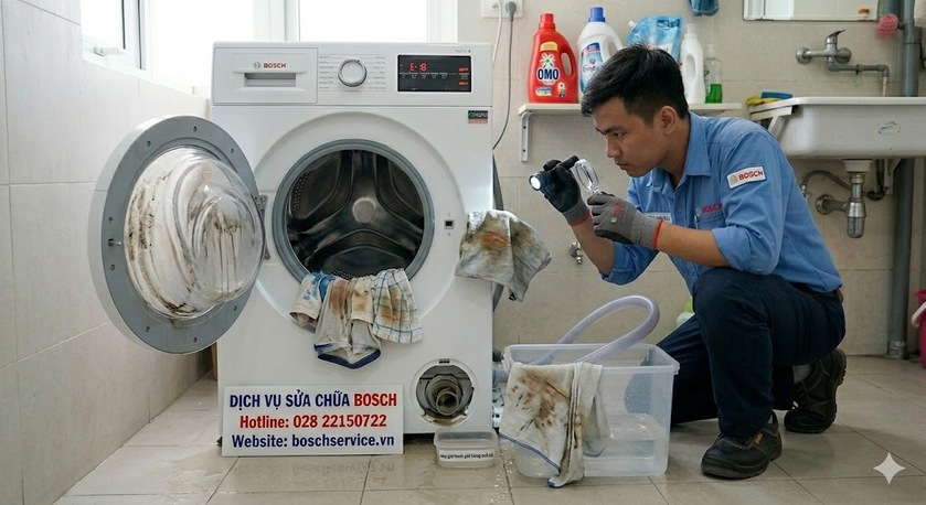 Kỹ thuật viên đang thực hiện vệ sinh chuyên sâu lồng giặt và kiểm tra thanh nhiệt máy giặt Bosch để xử lý lỗi giặt quần áo không sạch