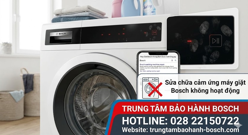 Kỹ thuật viên đang thực hiện tháo mặt máy để vệ sinh cáp tín hiệu và xử lý ẩm mốc trên bo mạch hiển thị máy giặt Bosch
