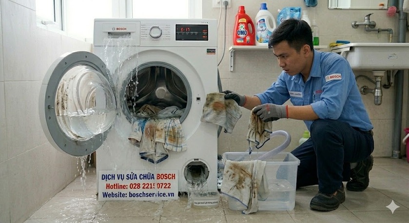 Kỹ thuật viên đang kiểm tra cao độ lắp đặt ống thoát nước máy giặt Bosch và xử lý các điểm rò rỉ nước dưới gầm máy