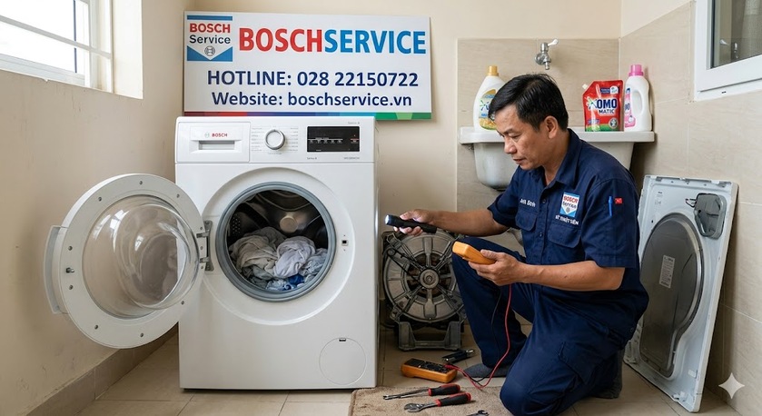 Kỹ thuật viên đang kiểm tra dây curoa và đo kiểm động cơ máy giặt Bosch để xử lý lỗi lồng giặt không quay