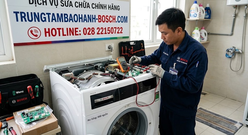 Kỹ thuật viên đang đo kiểm và thay thế IC nguồn cho bo mạch máy giặt Bosch bị lỗi mất nguồn chập chờn