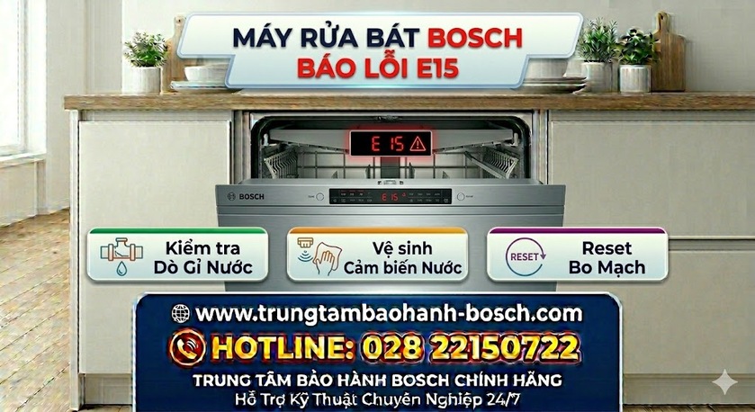 Kỹ thuật viên đang tháo tấm chắn gầm máy rửa bát Bosch để kiểm tra và xử lý nguồn rò rỉ nước gây lỗi E15