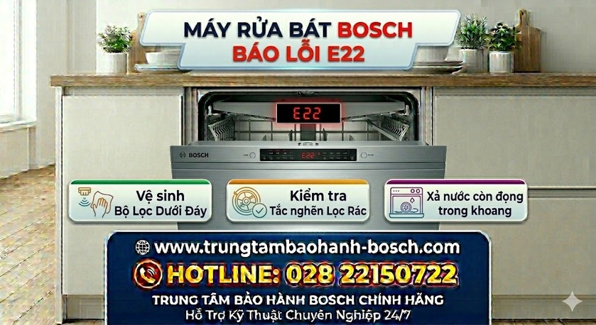 Kỹ thuật viên đang hướng dẫn khách hàng cách tháo và vệ sinh bộ lọc 3 lớp để xử lý mã lỗi E22 trên máy rửa bát Bosch