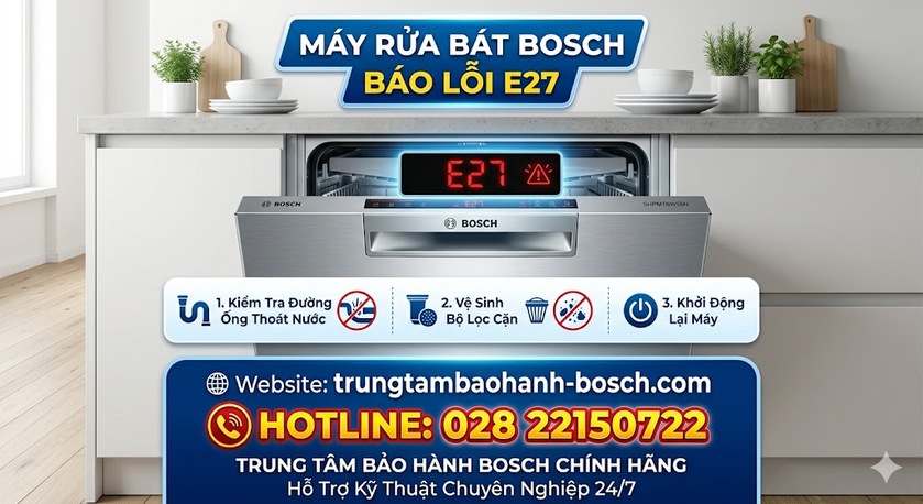 Kỹ thuật viên đang đo điện áp nguồn và kiểm tra bo mạch điều khiển để khắc phục mã lỗi E27 trên máy rửa bát Bosch