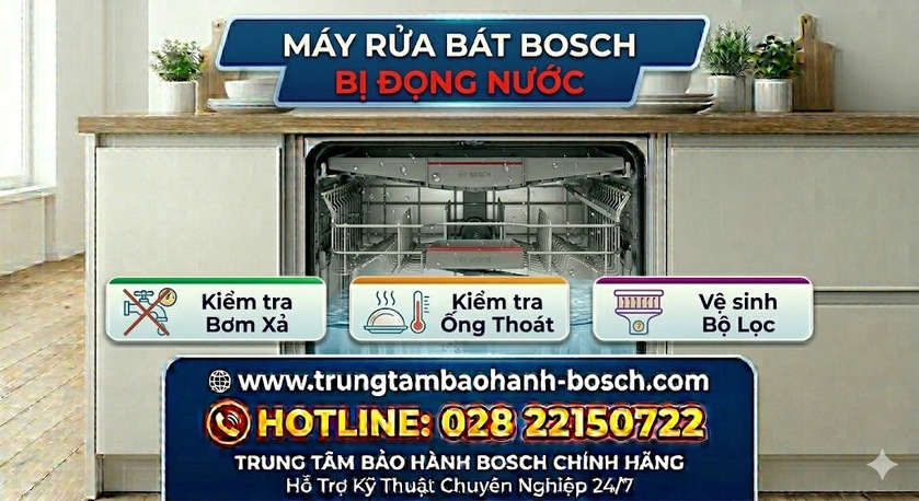 Kỹ thuật viên đang kiểm tra và làm sạch van một chiều máy rửa bát Bosch để khắc phục lỗi đọng nước bẩn