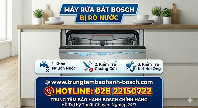 Kỹ thuật viên đang kiểm tra và thay thế gioăng cao su cửa máy rửa bát Bosch để khắc phục hiện tượng rò rỉ nước