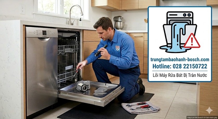 Kỹ thuật viên đang kiểm tra độ khít của gioăng cửa máy rửa bát Bosch để xử lý lỗi rò rỉ nước ra sàn nhà