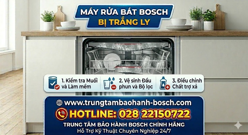 Hướng dẫn cài đặt chỉ số độ cứng của nước trên bảng điện tử máy rửa bát Bosch để khắc phục tình trạng trắng ly thủy tinh