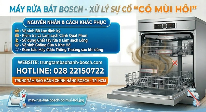 Kỹ thuật viên đang sử dụng dung dịch chuyên dụng để vệ sinh và khử mùi máy rửa bát Bosch