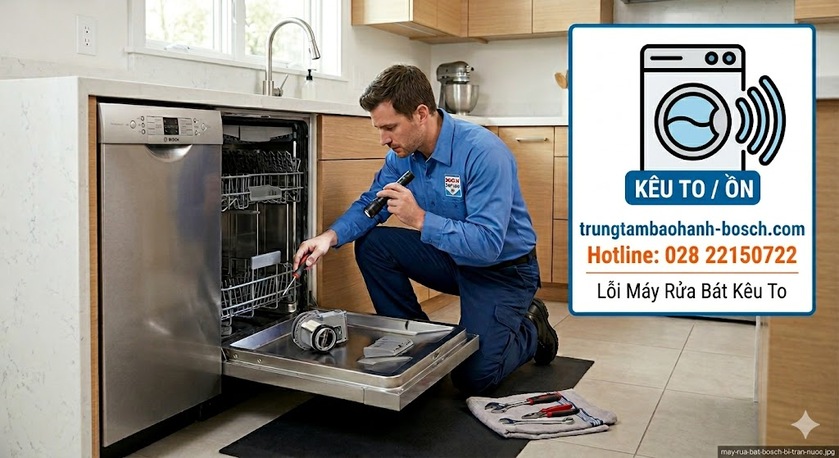 Kỹ thuật viên đang tháo cụm bơm tuần hoàn máy rửa bát Bosch để kiểm tra và thay thế vòng bi bị hỏng