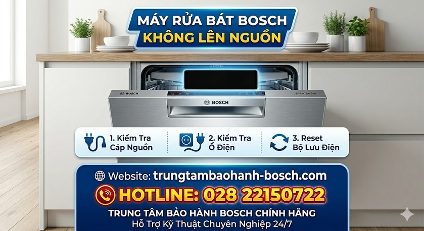 Kỹ thuật viên đang thực hiện đo kiểm và thay thế IC nguồn trên bo mạch điều khiển công suất của máy rửa bát Bosch