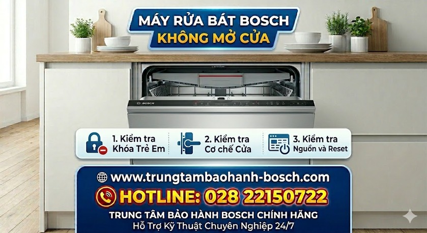 Kỹ thuật viên đang tháo mặt nạ cửa để thay thế bộ chốt khóa cửa bị hỏng trên máy rửa bát Bosch
