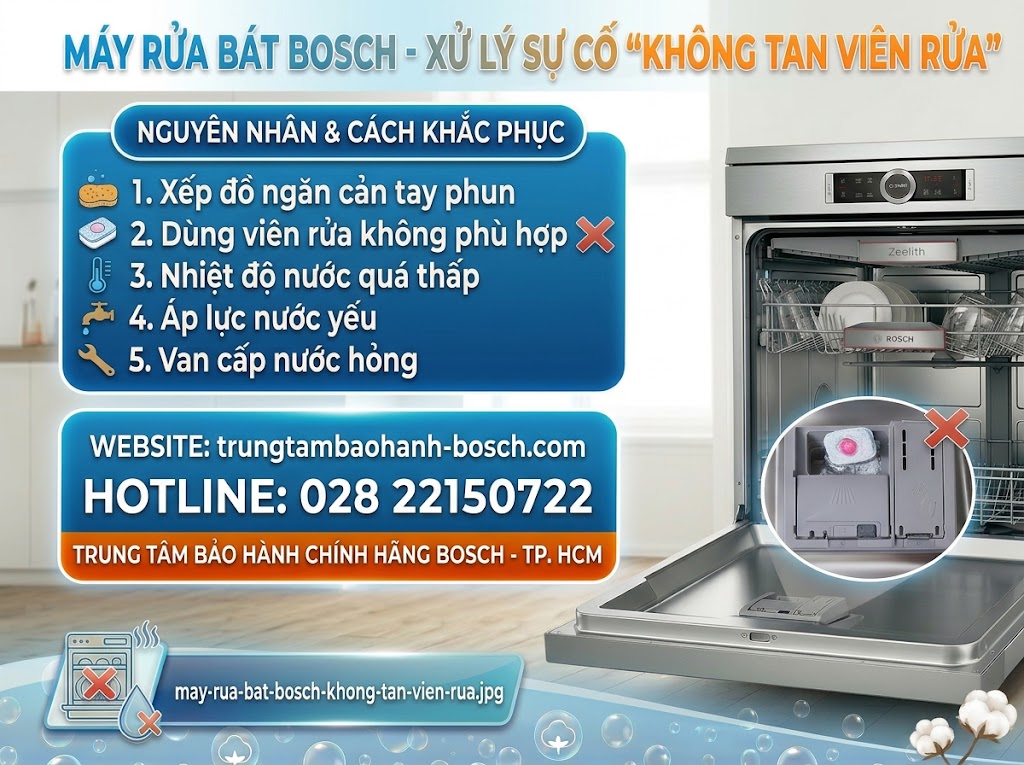 Kỹ thuật viên đang kiểm tra cơ chế mở nắp của hộc chứa viên rửa bát Bosch