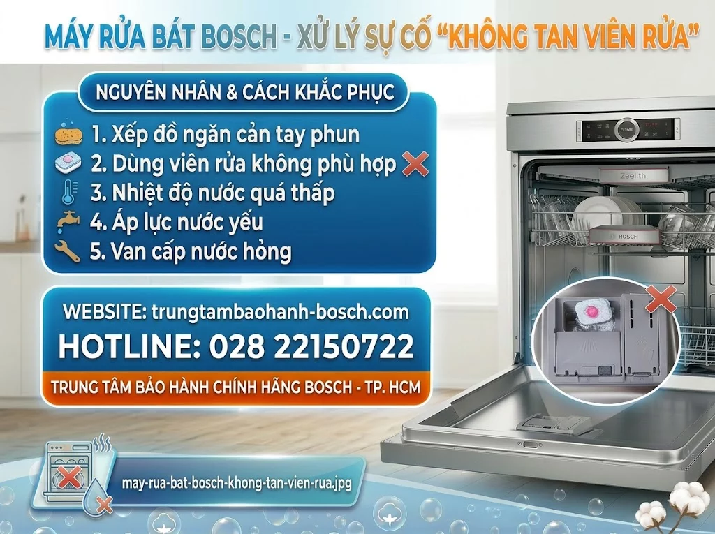Máy rửa bát Bosch không tan viên rửa