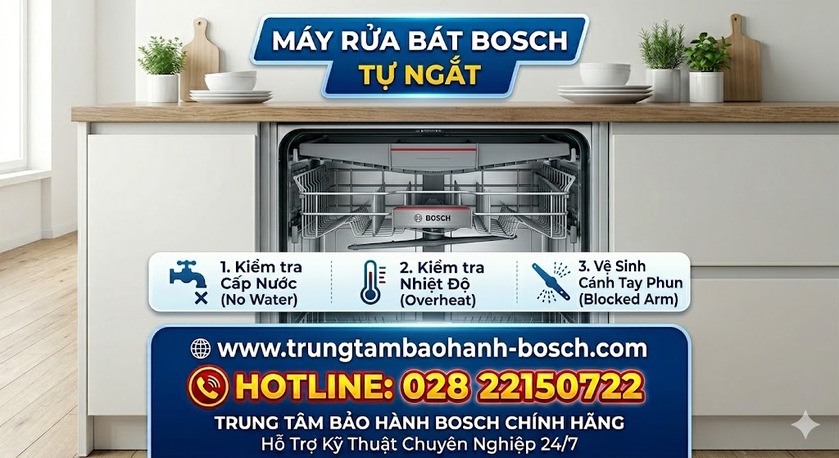 Kỹ thuật viên đang kiểm tra cảm biến nhiệt độ và bo mạch điều khiển để tìm nguyên nhân máy rửa bát Bosch tự ngắt giữa chu trình