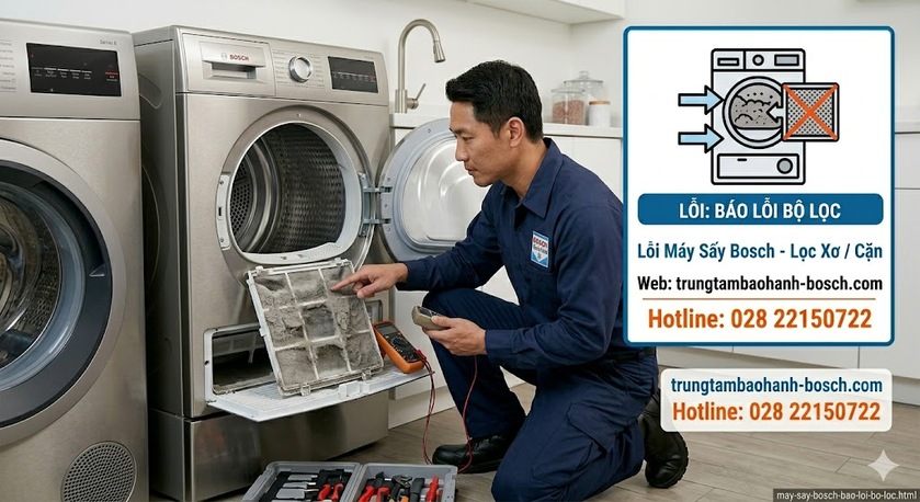 Vị trí và quy trình vệ sinh bộ lọc xơ vải máy sấy Bosch chính hãng