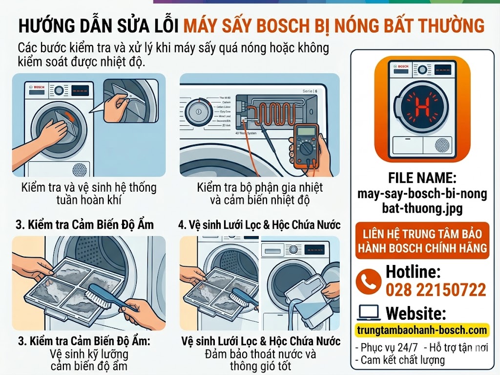 Kỹ thuật viên kiểm tra bộ phận sợi đốt và làm sạch bụi vải bên trong máy sấy Bosch để tránh quá nhiệt