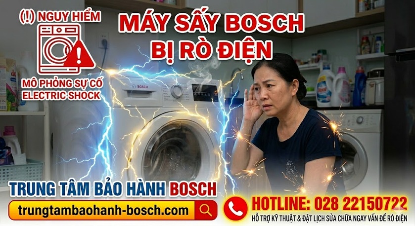 Kỹ thuật viên đo kiểm độ rò điện của máy sấy Bosch bằng đồng hồ đo cách điện chuyên dụng