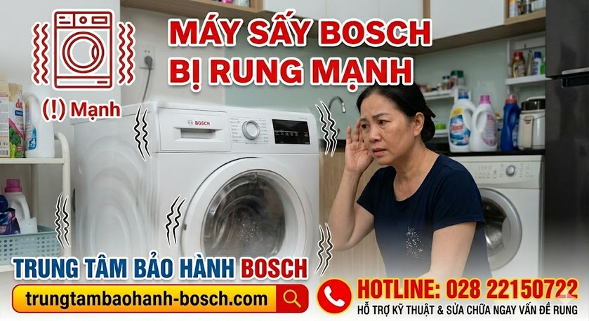 Kỹ thuật viên đang cân chỉnh chân đế và kiểm tra bộ giảm chấn máy sấy Bosch