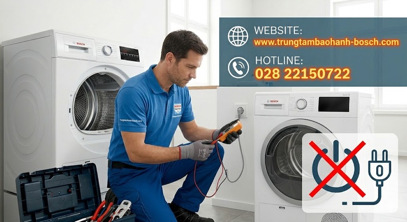 Kỹ thuật viên đang đo điện áp bo mạch nguồn máy sấy Bosch bằng đồng hồ vạn năng