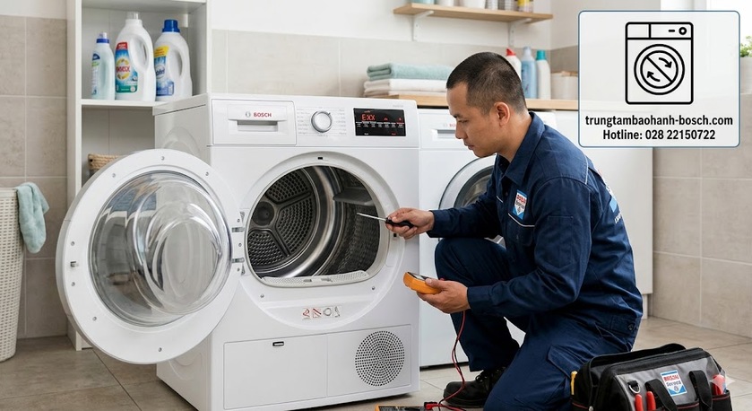 Kỹ thuật viên đang kiểm tra dây curoa và con lăn đỡ lồng máy sấy Bosch