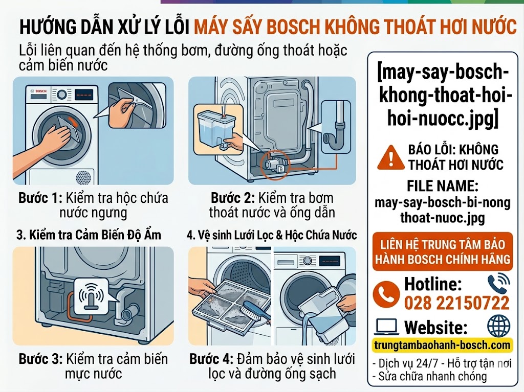 Kỹ thuật viên đang kiểm tra và thông tắc đường ống thoát nước ngưng của máy sấy Bosch