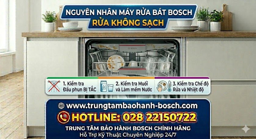 Kỹ thuật viên đang kiểm tra áp lực tia nước và vệ sinh bộ lọc rác máy rửa bát Bosch để xử lý lỗi rửa không sạch bát đĩa
