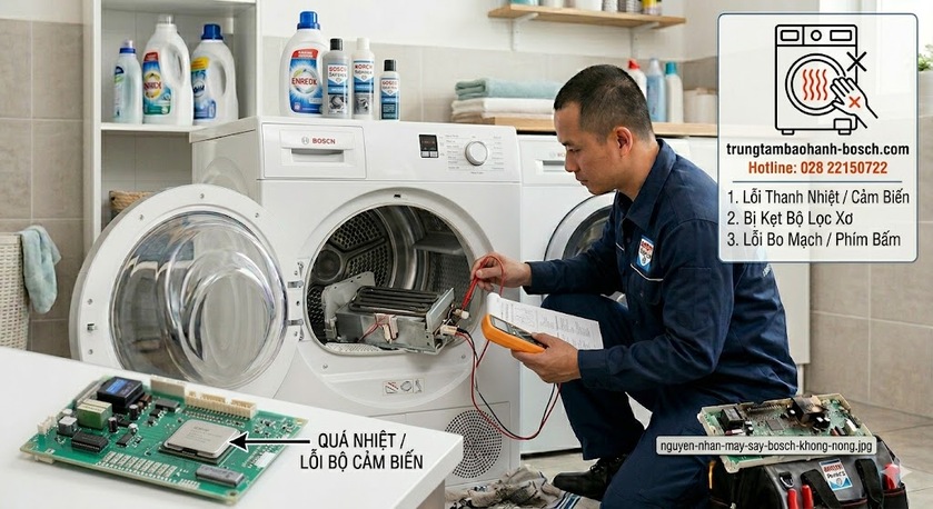Kỹ thuật viên đang đo kiểm tra trị số điện trở của cụm thanh nhiệt máy sấy Bosch