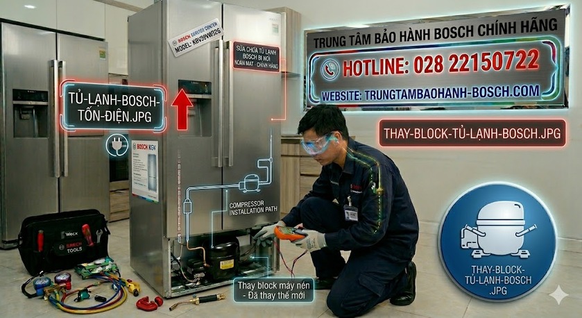 Kỹ thuật viên đang thực hiện quy trình nạp gas và thay máy nén Bosch chính hãng