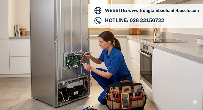Kỹ thuật viên đang lắp đặt bo mạch chính mới cho tủ lạnh Bosch Side-by-Side