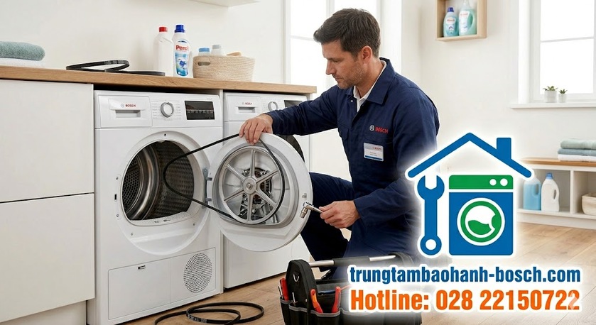 Kỹ thuật viên đang luồn dây curoa mới qua lồng máy sấy Bosch và lắp vào bánh tỳ tăng đưa