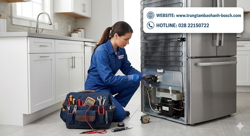 Kỹ thuật viên đang đo kiểm và thay thế rơ le thời gian xả đá cho tủ lạnh Bosch