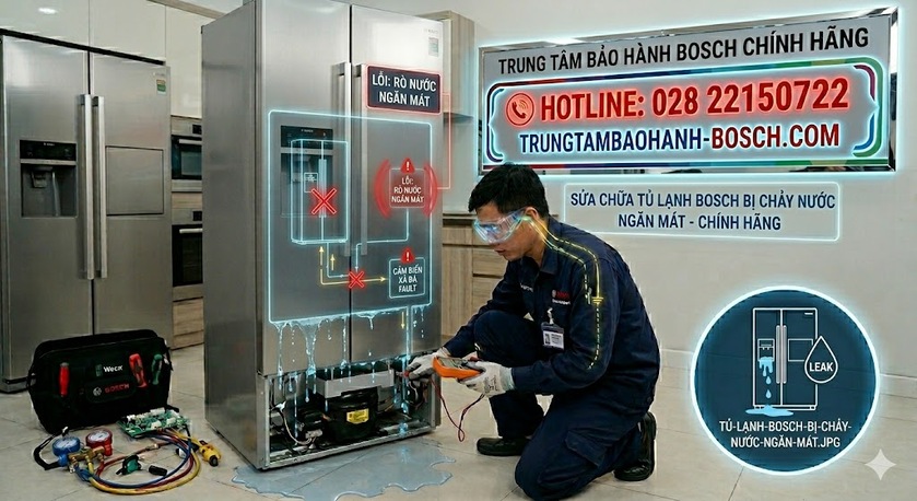 Vị trí lỗ thoát nước và máng hứng trong ngăn mát tủ lạnh Bosch
