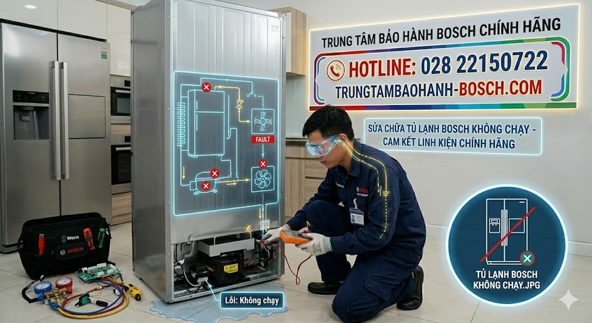 Kỹ thuật viên đang thực hiện thay thế máy nén Block chính hãng cho tủ lạnh Bosch Side-by-Side bị lỗi không chạy
